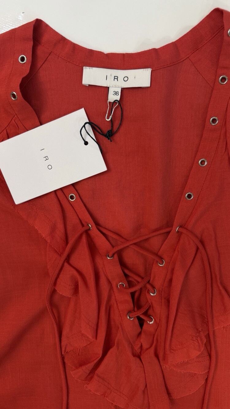 IRO Florine Poppy Red Tie Up Front Raw Hem Mini Dress NWT Size 36